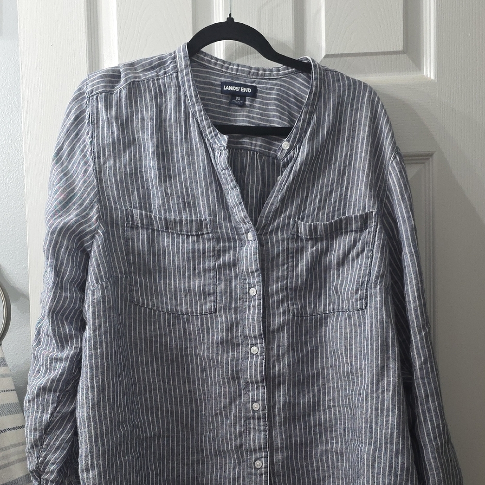 Lands' End 2x  Blue Linen Striped Button Down Shirt